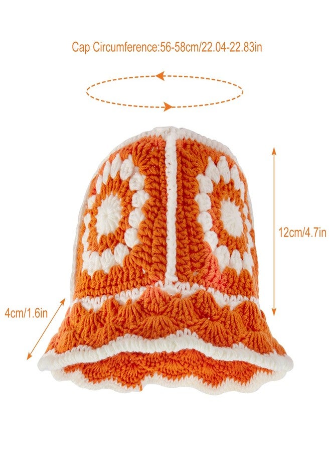 YLZZMDQSZ Crochet Bucket Hat for Women, Handmade Knitted Crochet Hats Breathable Foldable, Bucket Hat with Floral Knitted for Summer Beach, Outdoor, Vacation, Fishing and Fashion (Orange) - Image 3